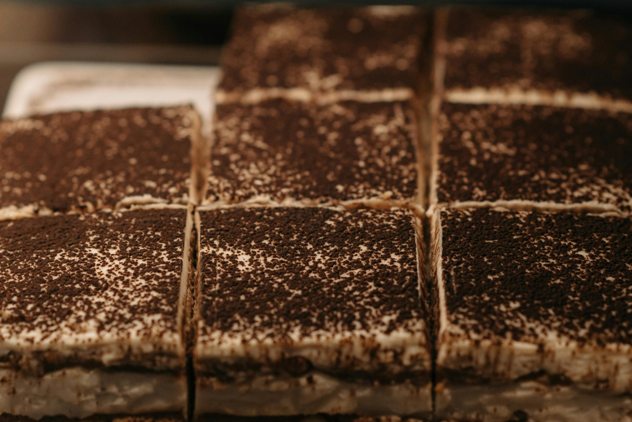 Tiramisu squares dusted with cocoa